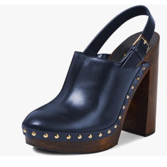 Wo Wagas Shoes - Navy Leather Studded Slingback Platform Heels